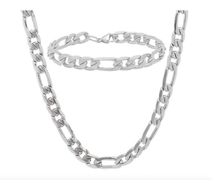 lot 199 image: New Steeltime Mens Stainless Steel or 18K Gold Over Stainless Steel Figaro 24 Chain and 8-12 Bracelet Set