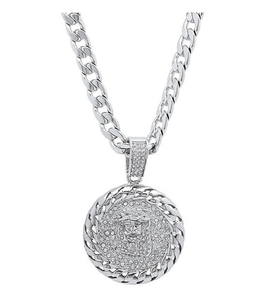lot 208 image: New Steeltime Stainless Steel Mens CZ Round Jesus Head Pendant
