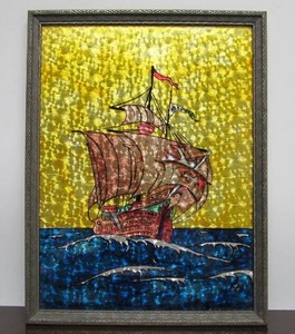 lot 212 image: Vintage Reverse Painted & Foiled Oriental Ship Artwork 