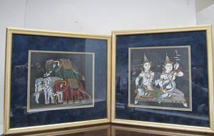 lot 229 image: Pair of Vintage Thai Painted Fabric Framed Artworks