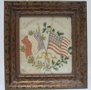 lot 44 image: Antique 19th Century Hand Woven Framed US & France Flag Artwork