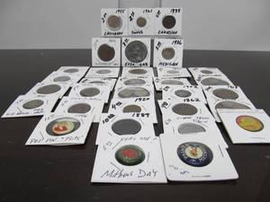 lot 52 image: Lot of Vintage & Antique Coins Tokens Pins etc
