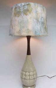 lot 94 image: Mid Century Ceramic w Teak Neck Velvet Marble-Color Shade Lamp