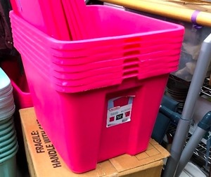 lot 255 image: Lot of 7 Brand New Pink Plastic Totes wLids