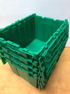 lot 271 image: Lot of 4 Unused Plastic Totes - Green wAttached Lids