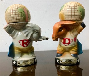 lot 304 image: Pair of Vintage Political Donkey & Elephant Jim Beam Decanters.