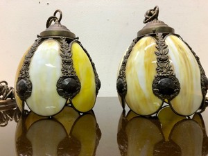 lot 331 image: Nice Pair of Vintage Yellow Slag Glass Pendant Lamps by Lavery & Company