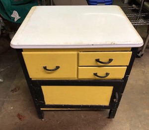 lot 386 image: Vintage Enamel Top Multi-Use Cabinet Table - Black Yellow & White