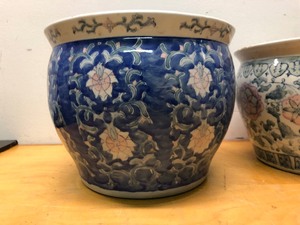 lot 388 image: 3 Larger Oriental Heavy Ceramic Garden Planters