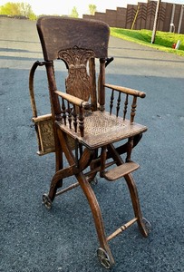 lot 390 image: Ornate Antique Victorian Oak Combination High Chair & Stroller