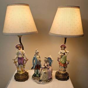 lot 16 image: Pair of Porcelain Country Lady and Gentleman Victorian Table Lamps and Brinns French Aristocracy Gentleman and Lady Figurines