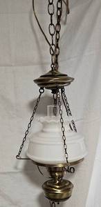 lot 19 image: Vintage Mid Century Hanging Swag Light with Milk Glass Shade