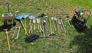 lot 37 image: Gardening Galore - Wheelbarrow, Hose Reel, Electric Pole Saw, Spreader, lawn tools