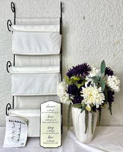 lot 66 image: Home Dcor Lot - Allamala Organizer, Floral Arrangement and Metal Sign