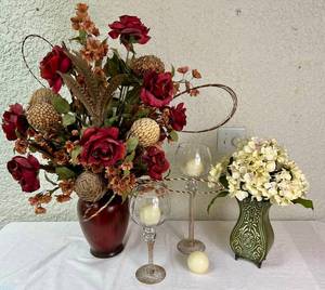 lot 77 image: Floral Arrangements and Tall Candleholders