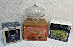 lot 43 image: Vintage Glassware Collection- Salad Bowl, Punch Bowl & Glasses, Trifle Bowl Set, Domed Cake Plate