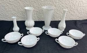 lot 47 image: Vintage Milk Glass Collection - 6 Double Handed Bowls and 4 Vases