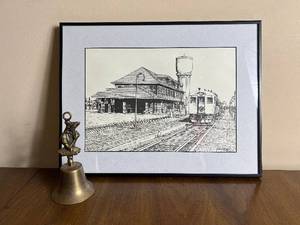 lot 94 image: Brainerd Train Station Print by John Cartwright and Brass Bell Lady in Bonnet with Bluebells