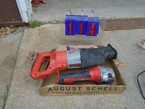 Milwaukee tools. No cord on sawsall. No batteries on others. Untested. As shown.