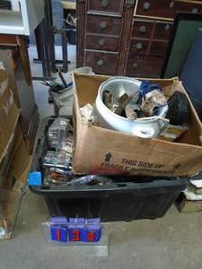 3 tubs of door knobs, air hose & other misc. As shown.