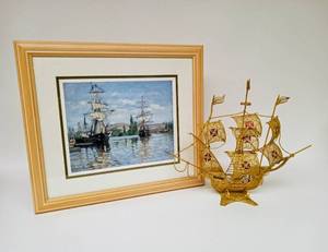 lot 81 image: Portuguese Metal Ship and Nautical Print