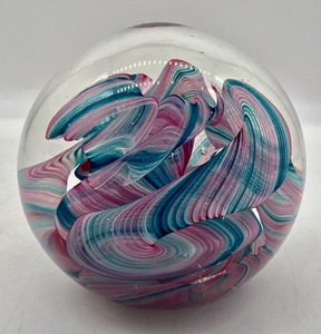 lot 15 image: Art Glass Paperweight with Latticino - Pinks and Blues - Signed Belleau 2000
