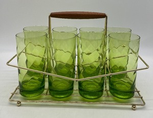 lot 27 image: Vintage Green Glass Tumblers with Caddy