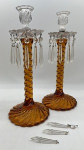 lot 121 image: Vintage Mid Century Amber Twisted Glass Candle Sticks with Crystal Prism Bobeche