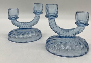lot 134 image: Vintage IMPERIAL No.153 Newfound Blue Double Glass Candle Holders - Pair