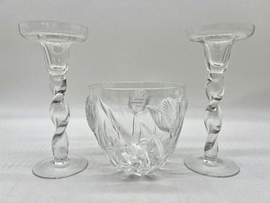 lot 136 image: Vintage English Glass Spiral Candlesticks and Crystal Bowl - France