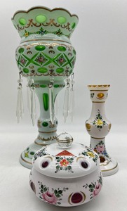 lot 139 image: Vintage Bohemian Cut To Clear Cased Glass Mantel Lustre, Candle Holder and Vanity Jar