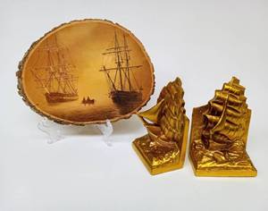 lot 92 image: Nautical-Themed Wood Wall Hanging and Bookends