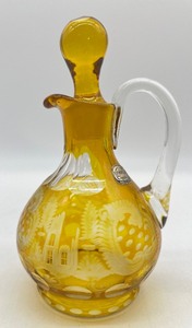 lot 172 image: Bohemia Cut to Clear Yellow Glass Cruet - Czech - Original Label Attached
