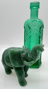 lot 175 image: Vintage Green Glass Miniature Bottle and Stone Elephant