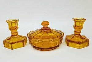 lot 108 image: Vintage FOSTORIA Amber Glass Lidded Bowl with Candlesticks
