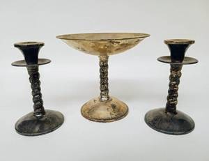 lot 181 image: Vintage Silver-Plated Candlesticks and Footed Bowl