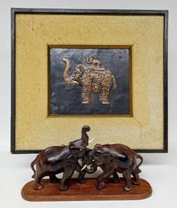 lot 189 image: Metallic Elephant Plaque and Wooden Elephants Figurine