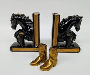 lot 231 image: Ceramic Horse Candle HolderBookends & Brass Boot Candle Holders