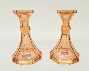 lot 251 image: Vintage Pink Glass Candlesticks by FOSTORIA