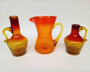 lot 261 image: Trio of Mid-Century Amberina Crackle Glass Miniature Pitchers