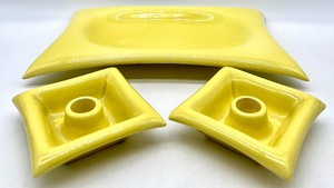 lot 298 image: Vintage Yellow RED WING Dish and Pair of Taper Candle Holders