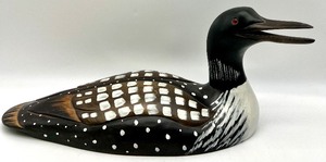 lot 43 image: Artist Marked 1986 DUCKS UNLIMITED LOON Wooden Decoy with Ceramic Salt & Pepper Shakers