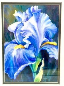 lot 318 image: Vintage LIBBY Iris Juice Glasses with Blue Iris Watercolor Framed Artwork by ANNE KRASON