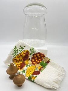 lot 228 image: Vintage LIBBEY Glass Mushroom Canister, NOS Towel and Wooden Mushrooms