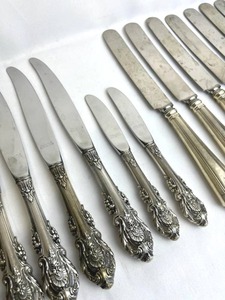 Antique LaTema Monogrammed Sterling Silver Handle Dinner Knives with Cheese Knife, and Wallace Sterling Silver Handle Dinner Knives (1,510 grams)