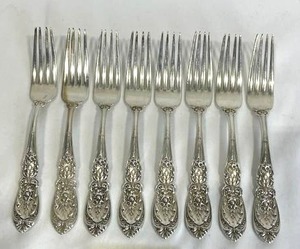 Eight Vintage International Silver Co. (Indian Head) Sterling Silver Dinner Forks (484 grams)