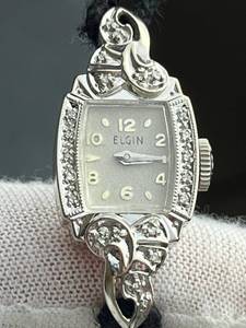 Vintage Elgin 14K White Gold and Sapphire Womens Wrist Watch (9.9 grams)