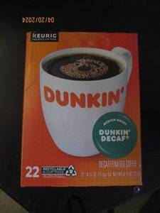 package of dunkin decaf 22 pods in package best by date of august 2024