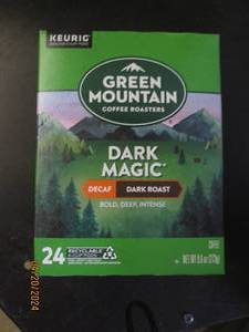 package of green mountain dark magic decaf dark roast 24 pods best by date of feb 2026