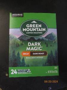 package of green mountain dark magic decaf dark roast 24 pods best by date of feb 2026